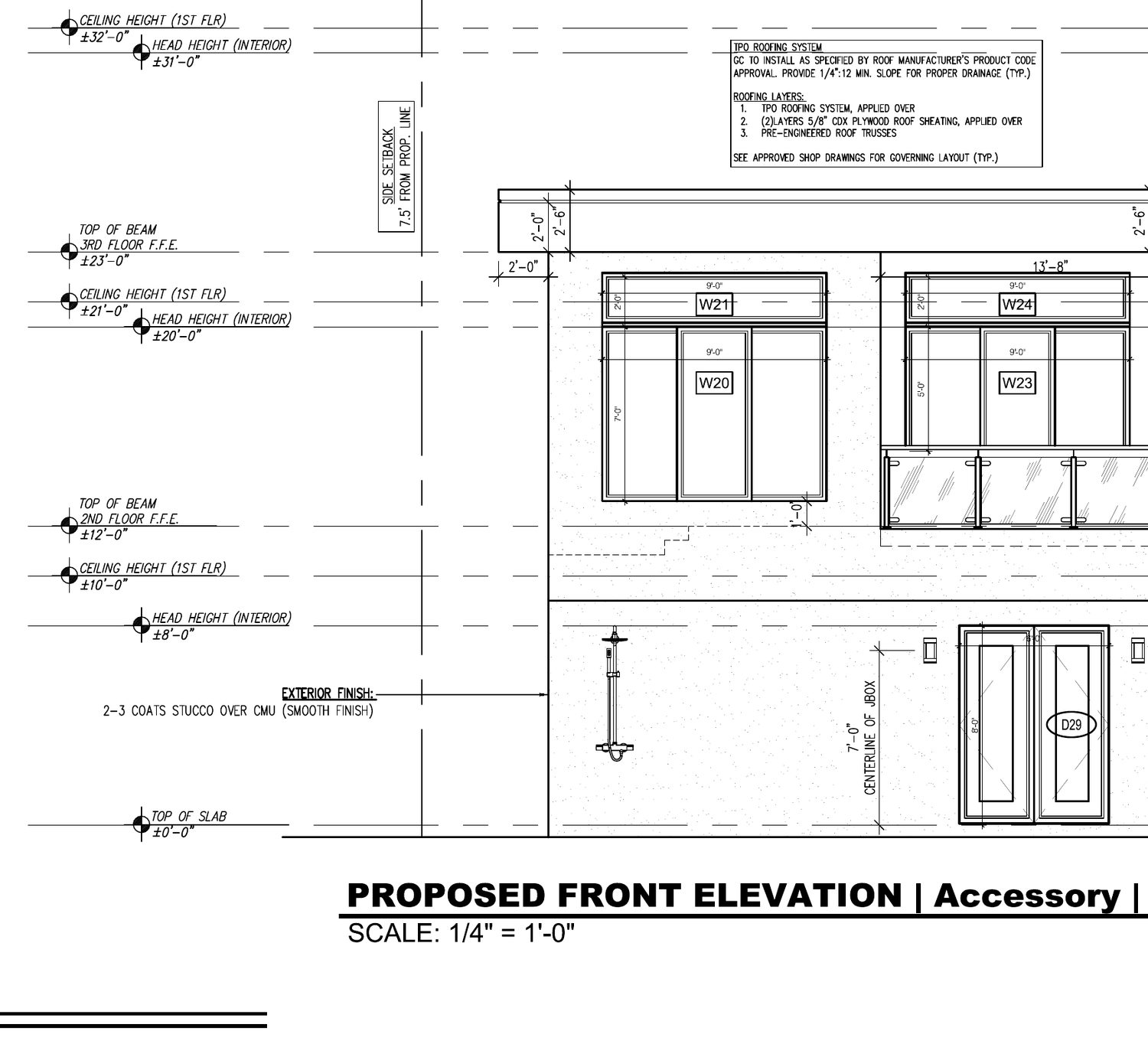 Front elevation drawing of the rear accessory dwelling unit at 201 SW 2nd, Delray Beach, from the permitted set
