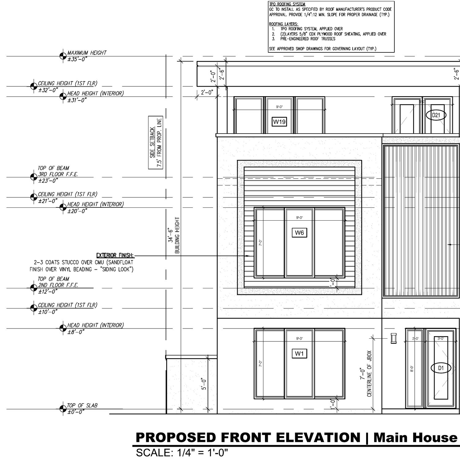 Front elevation drawing of the three-story main house at 201 SW 2nd