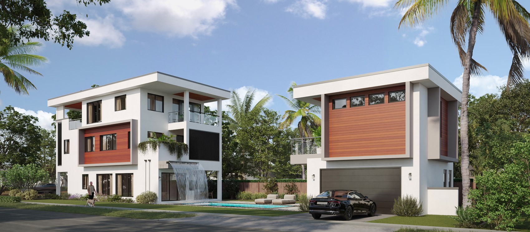 Rendering of a three-story modern residence with a detached rear ADU in Delray Beach