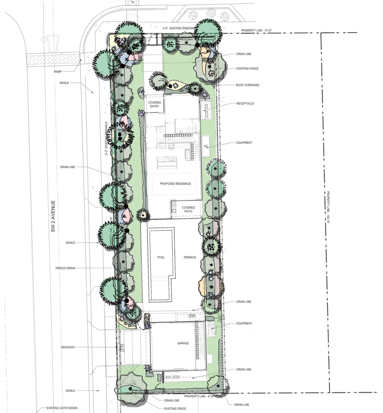 Landscape and site plan drawing for 201 SW 2nd Avenue: main house at the street, pool and terrace at center, garage and ADU at the rear of the lot