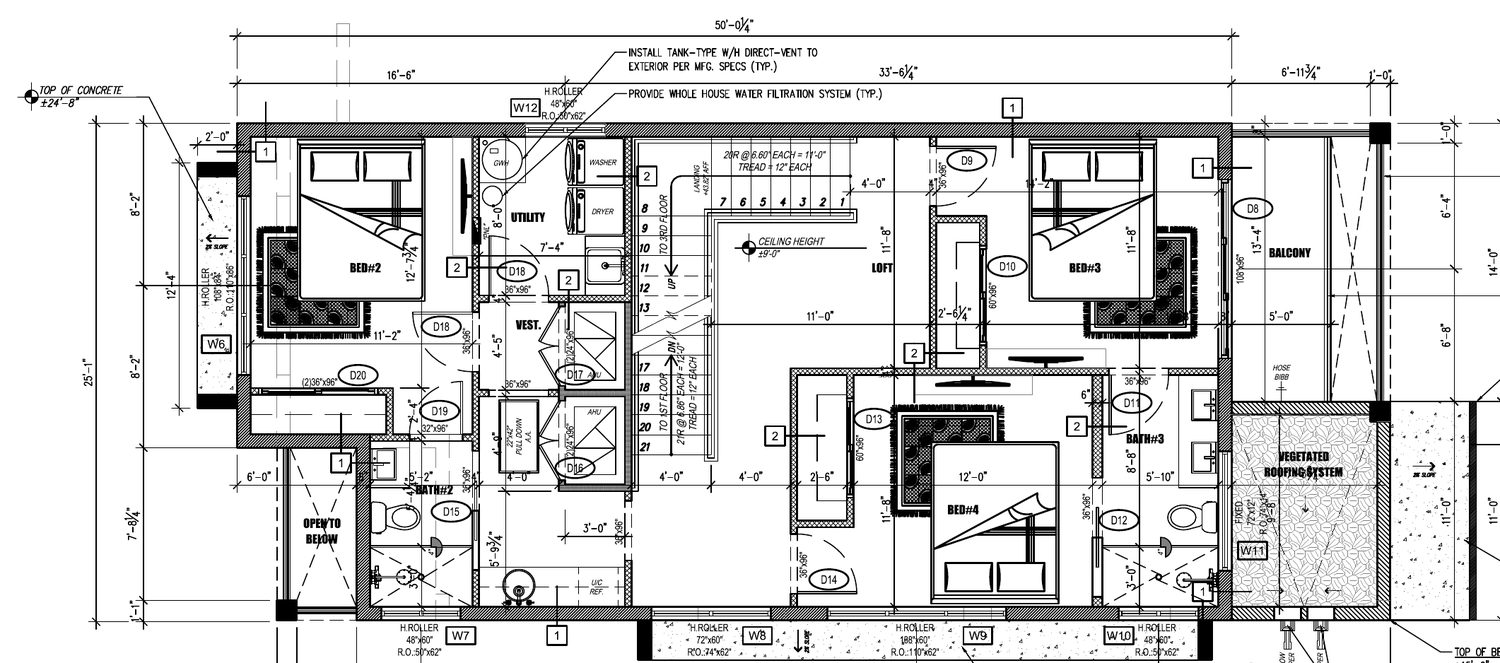 Second floor plan drawing, bedroom level, 1,198 SF