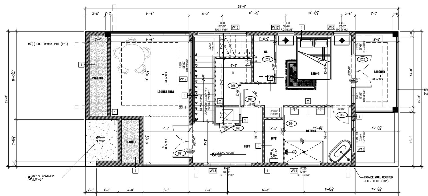 Third floor plan drawing, lounge and rooftop balcony, 771 SF