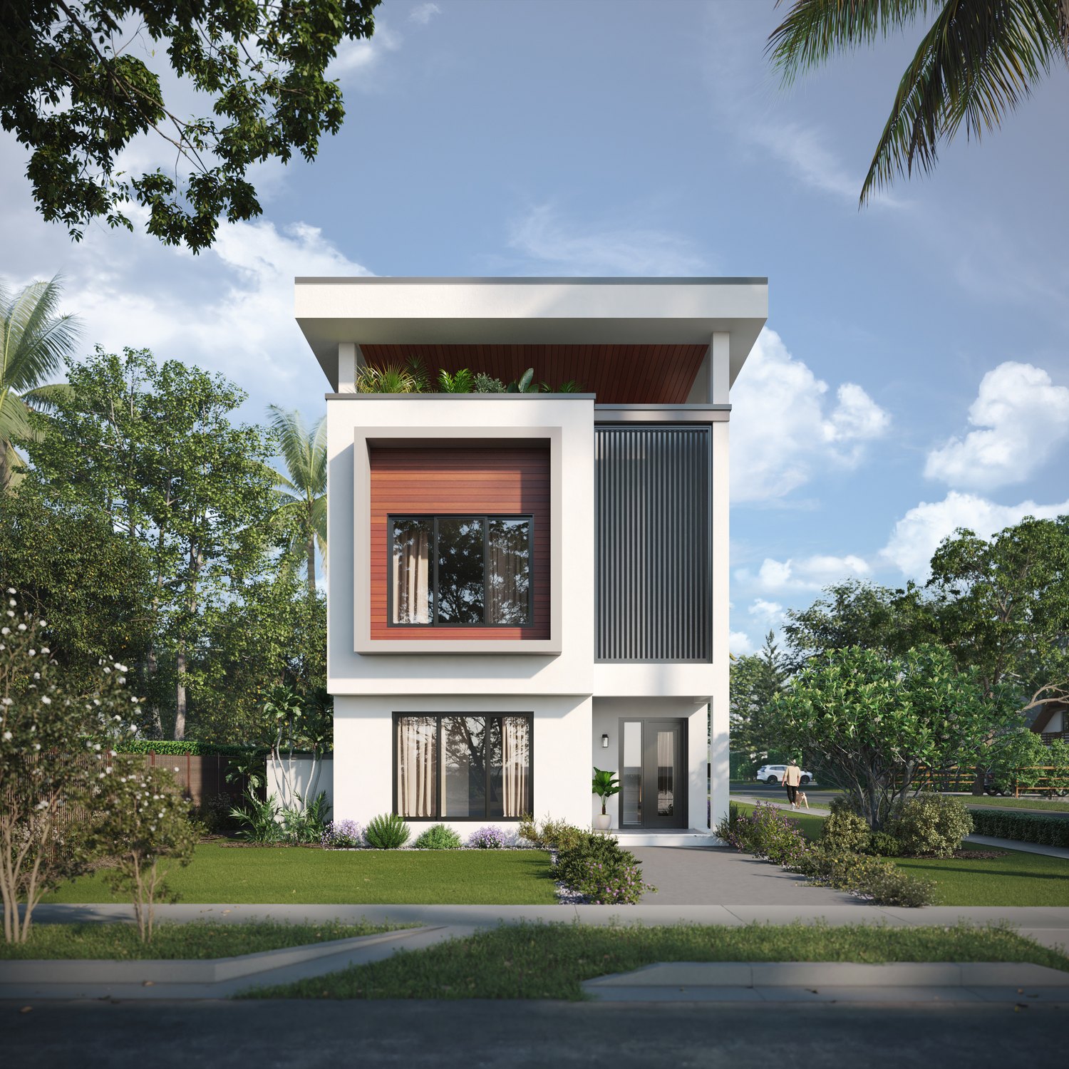 Rendering of the street approach to the 201 SW 2nd main house, white stucco with a wood-clad window box, vertical louvers and rooftop planting