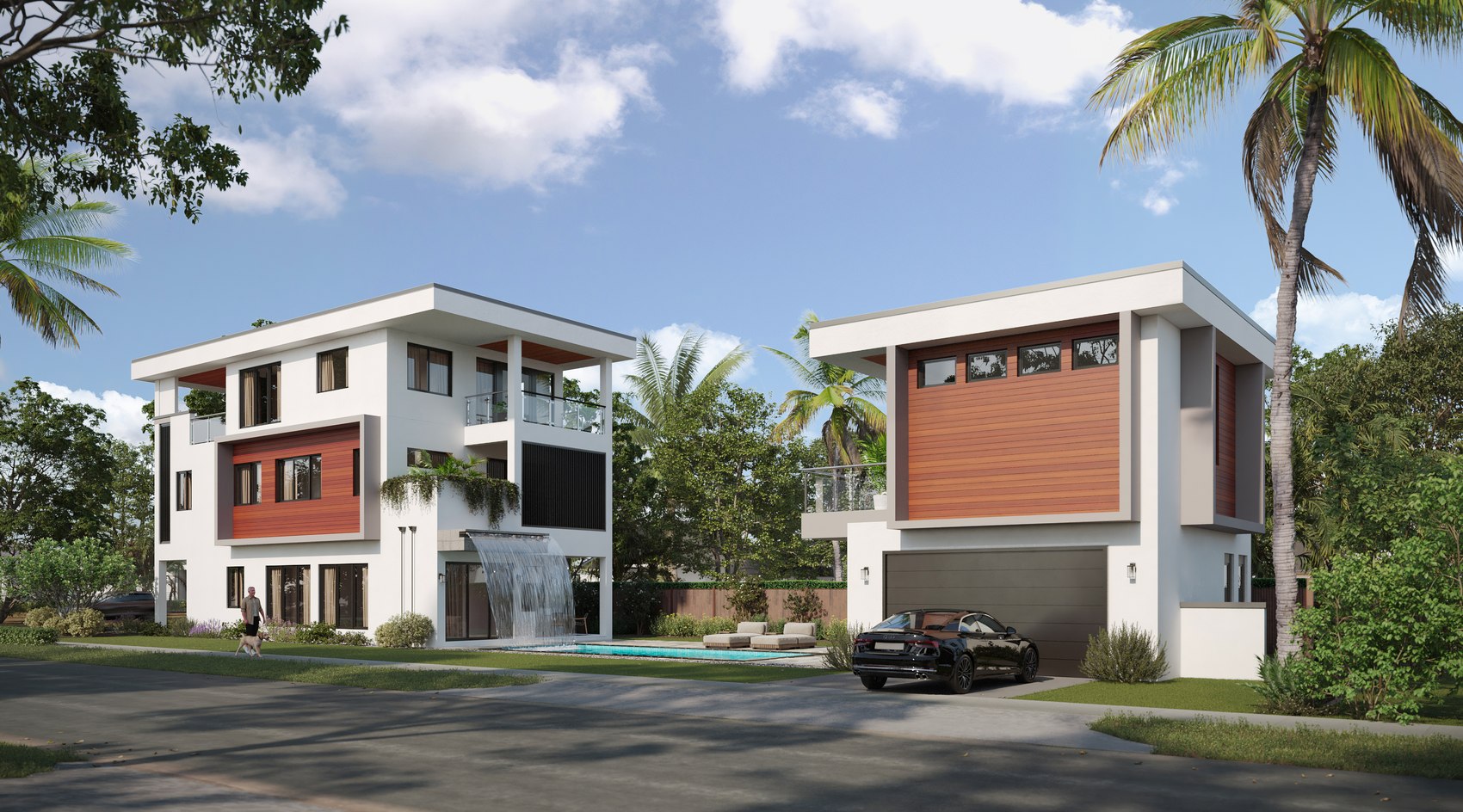 Rendering of the side elevation at 201 SW 2nd, Delray Beach, showing the main house and the detached rear ADU