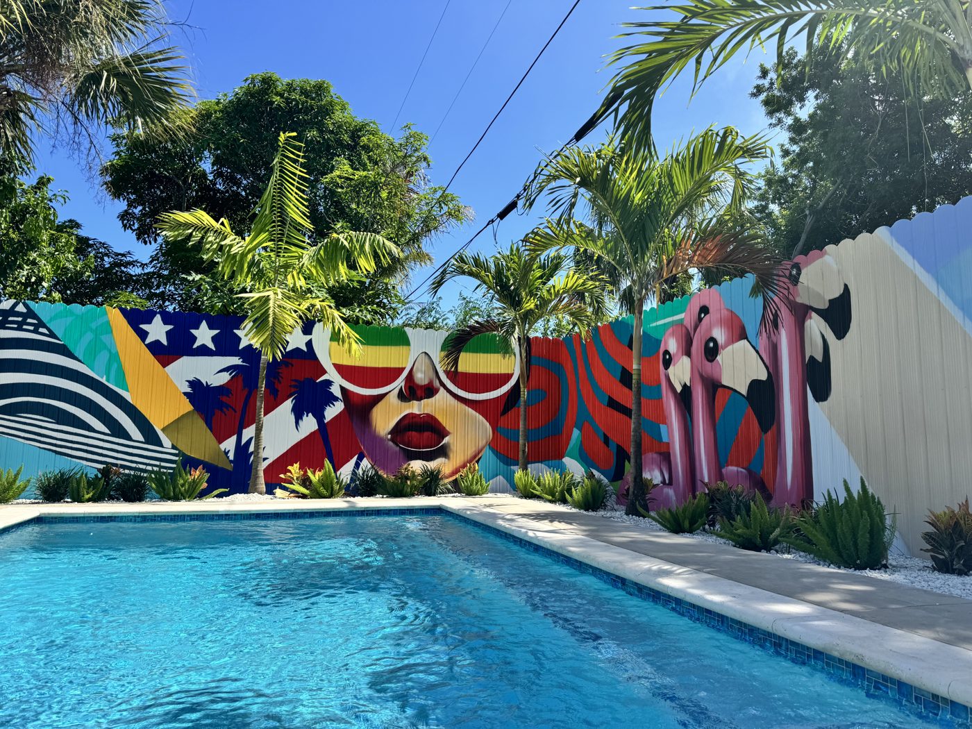 Custom pool with the mural wall rising behind it