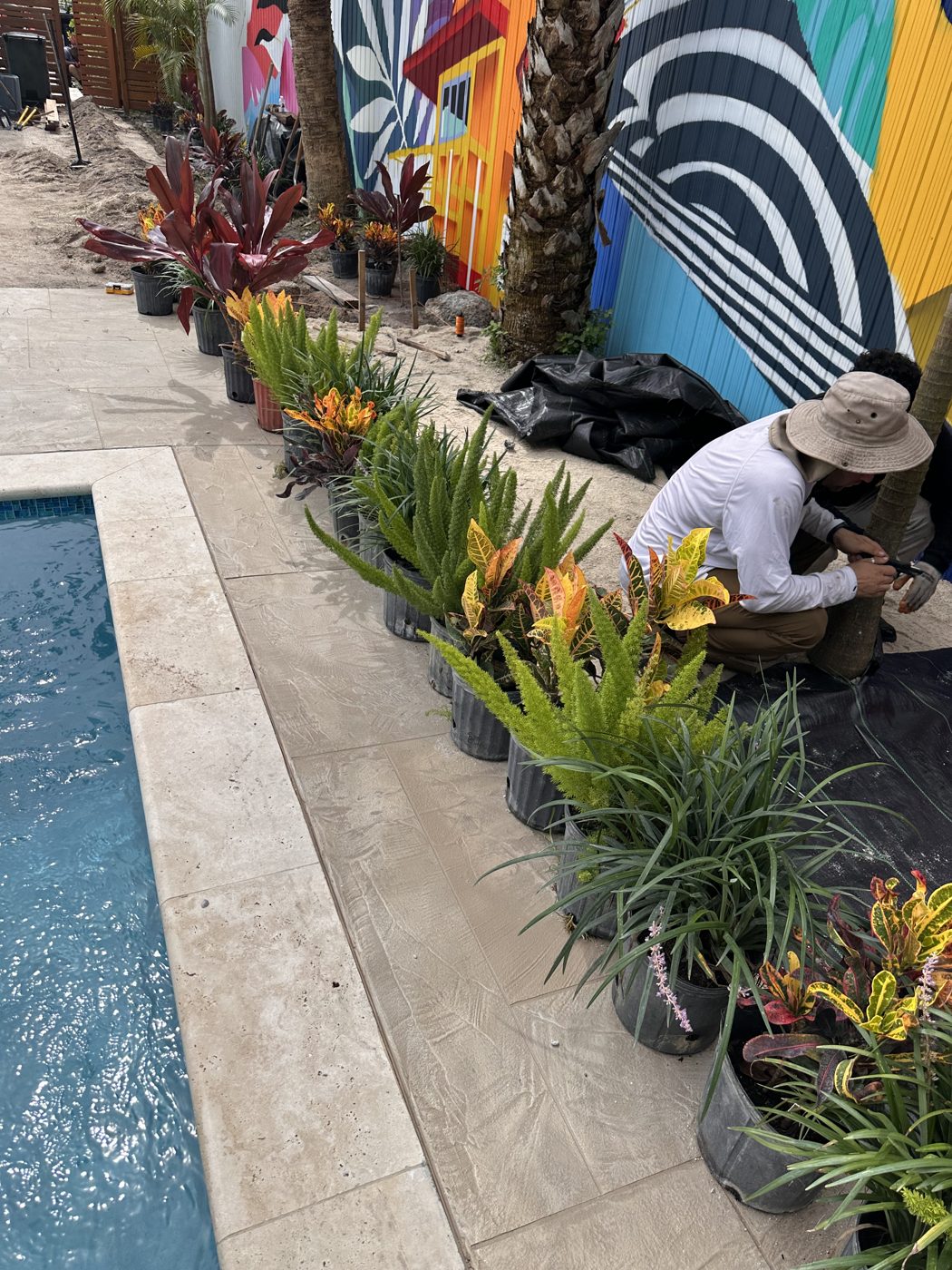 Landscaper setting plants along the pool edge below the mural