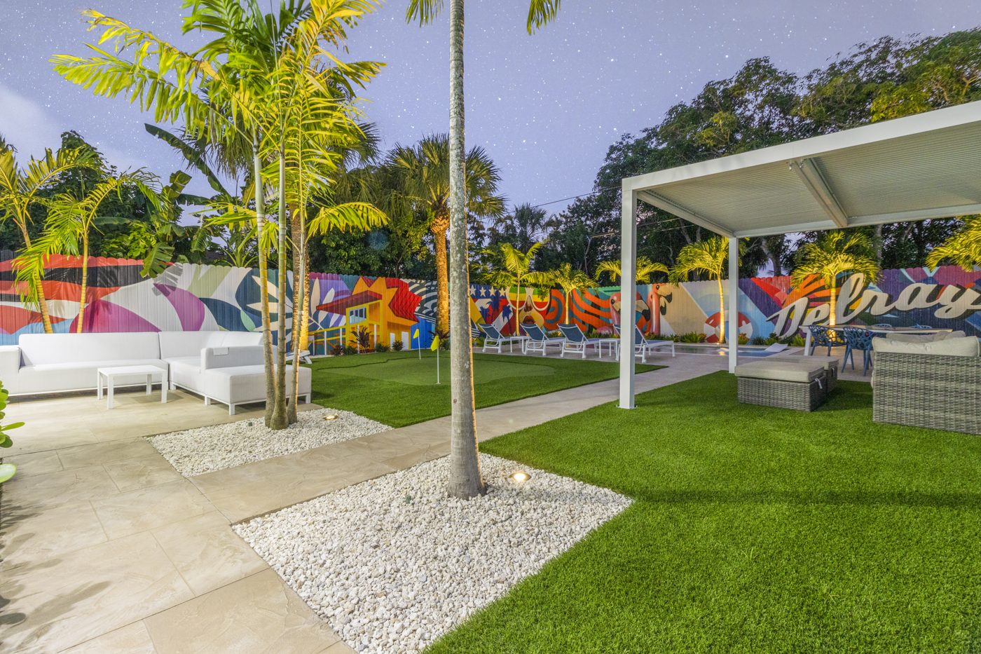 Pergola and lawn at twilight