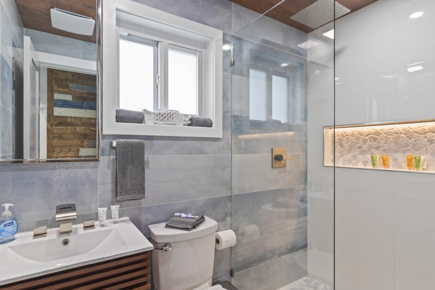 Bathroom with a glass shower and new vanity