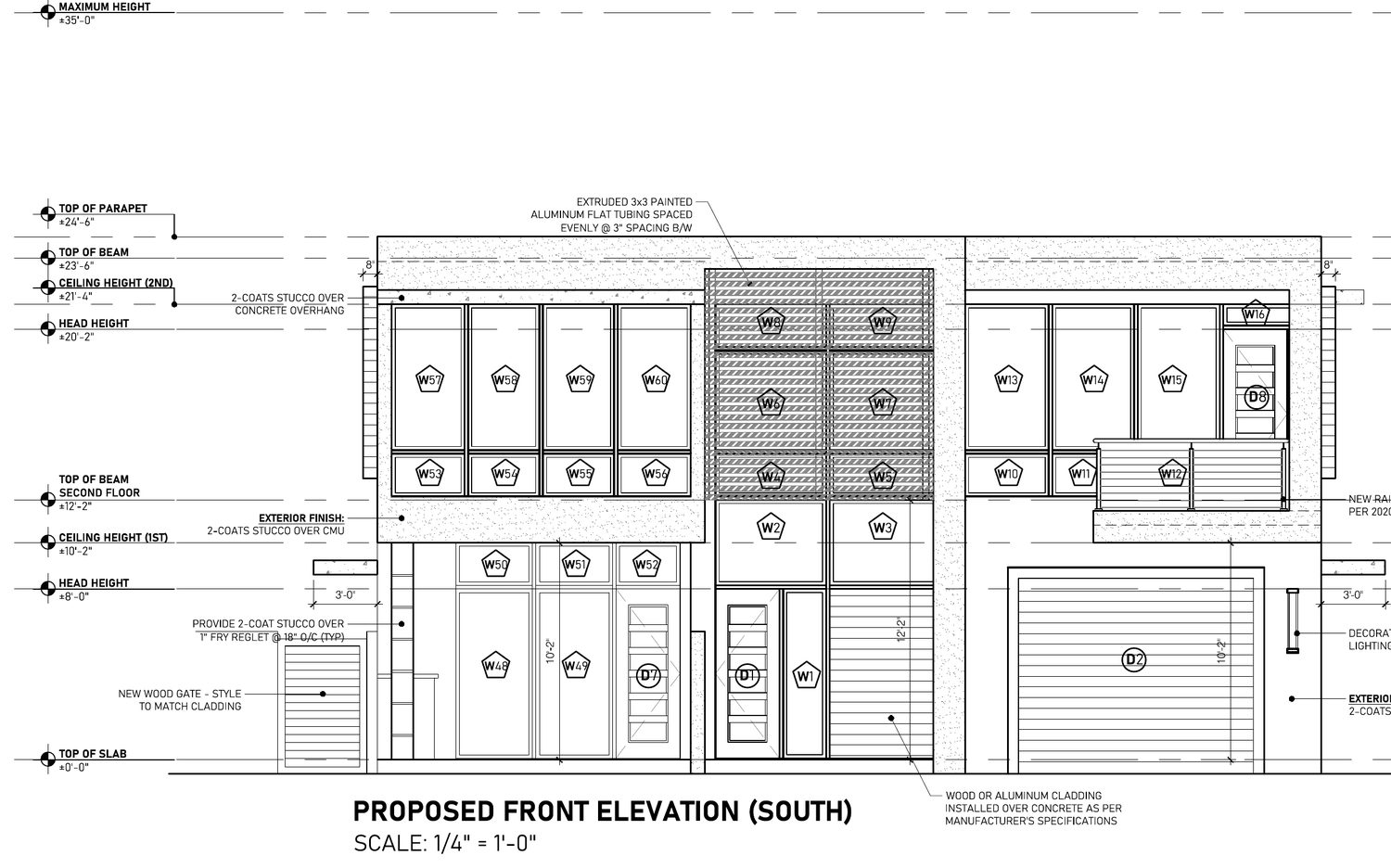 Front elevation drawing of 809 NW 2nd from the permitted construction set