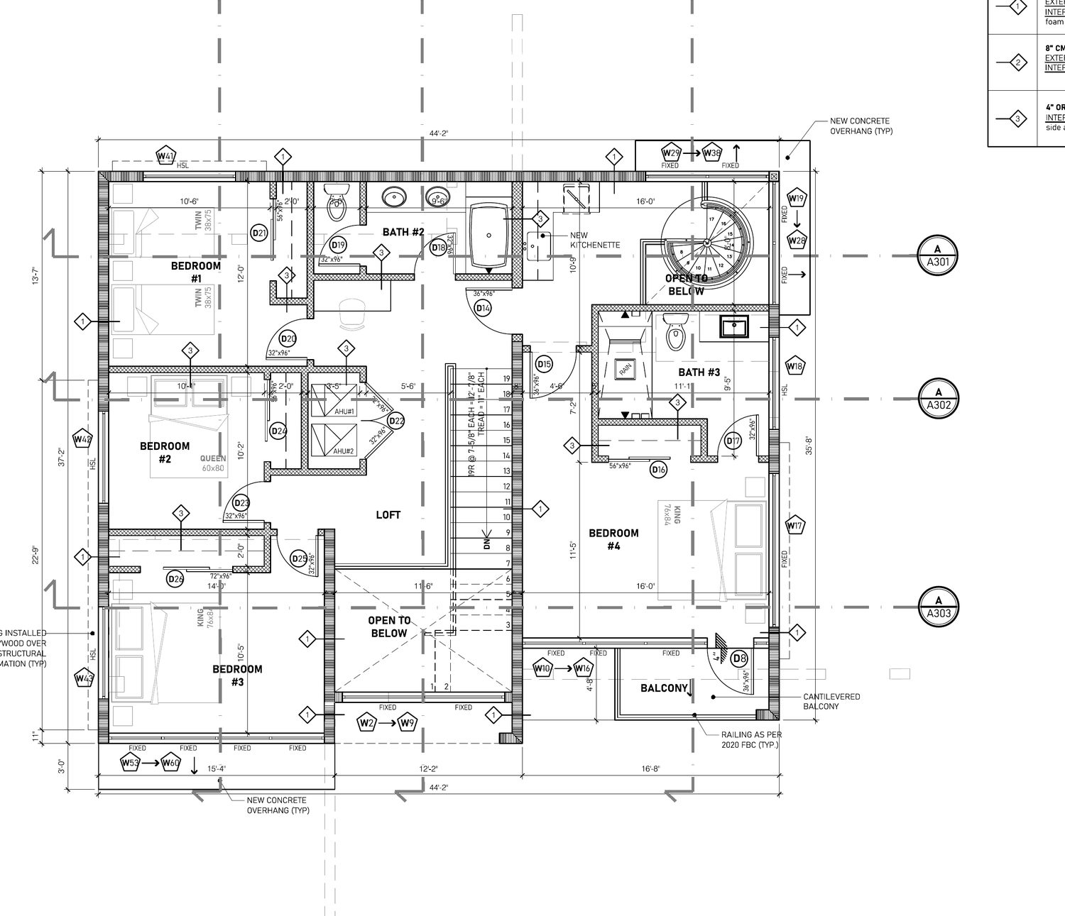 Second floor plan of 809 NW 2nd showing four bedrooms, the loft and the front balcony