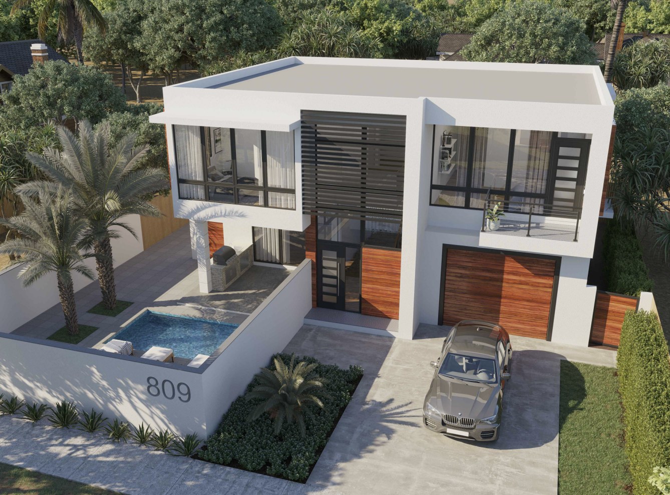 Aerial rendering of the 809 NW 2nd residence showing the pool, covered loggia, garage and street wall