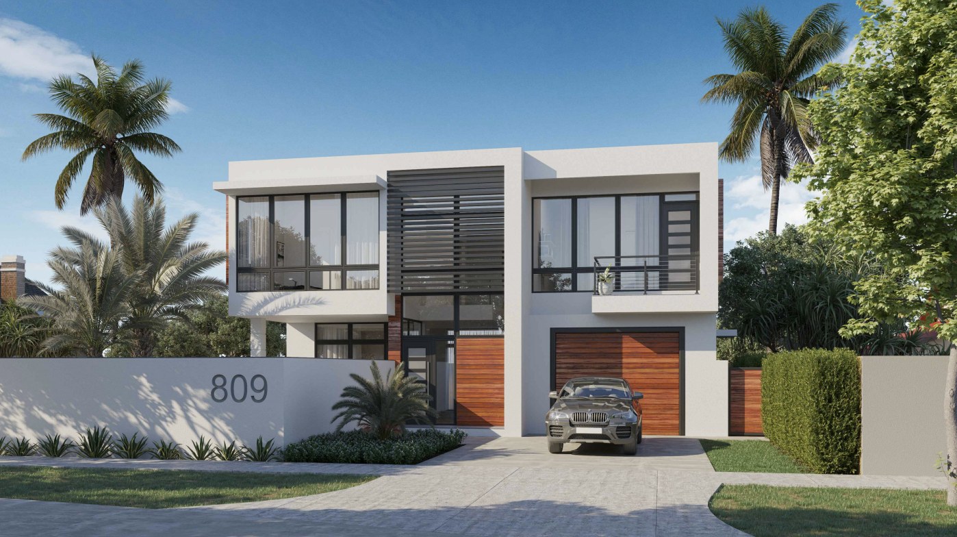 Rendering of 809 NW 2nd, a custom modern residence in downtown Delray Beach, seen from the street