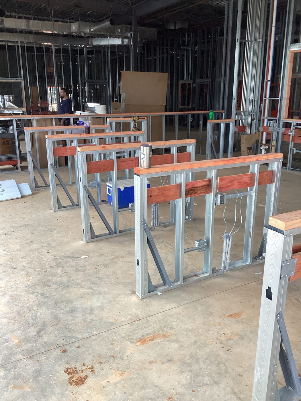 Interior metal stud framing for the front counter