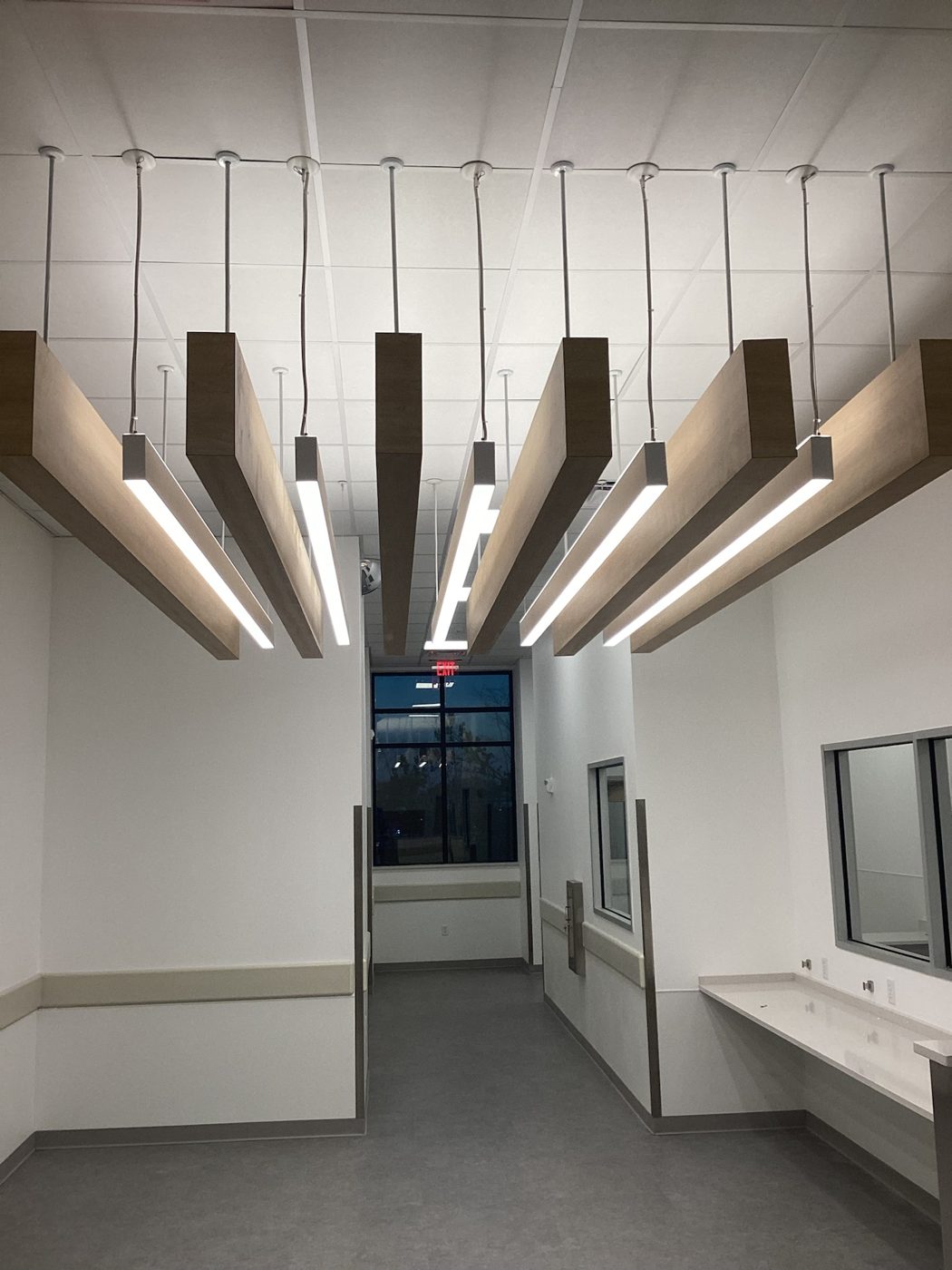 Finished plasma lab interior with suspended wood-slat linear lights and counters along both walls