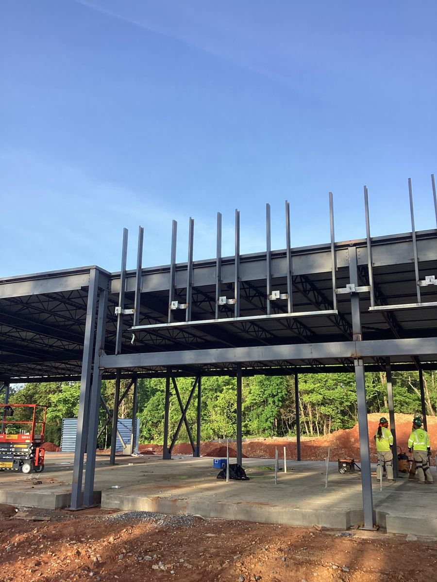 Steel frame with roof joists, looking through the bays