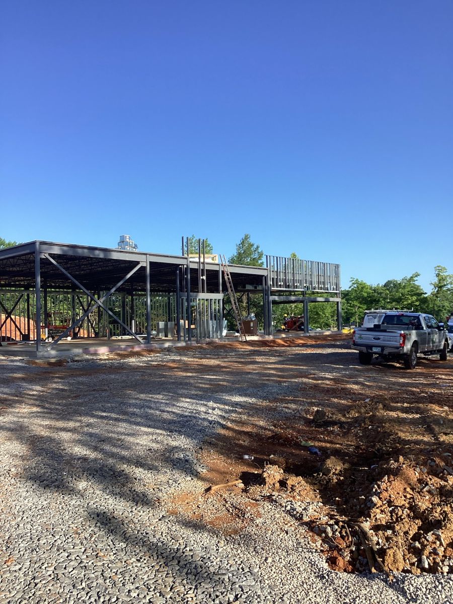 Steel frame and roof deck from the parking side