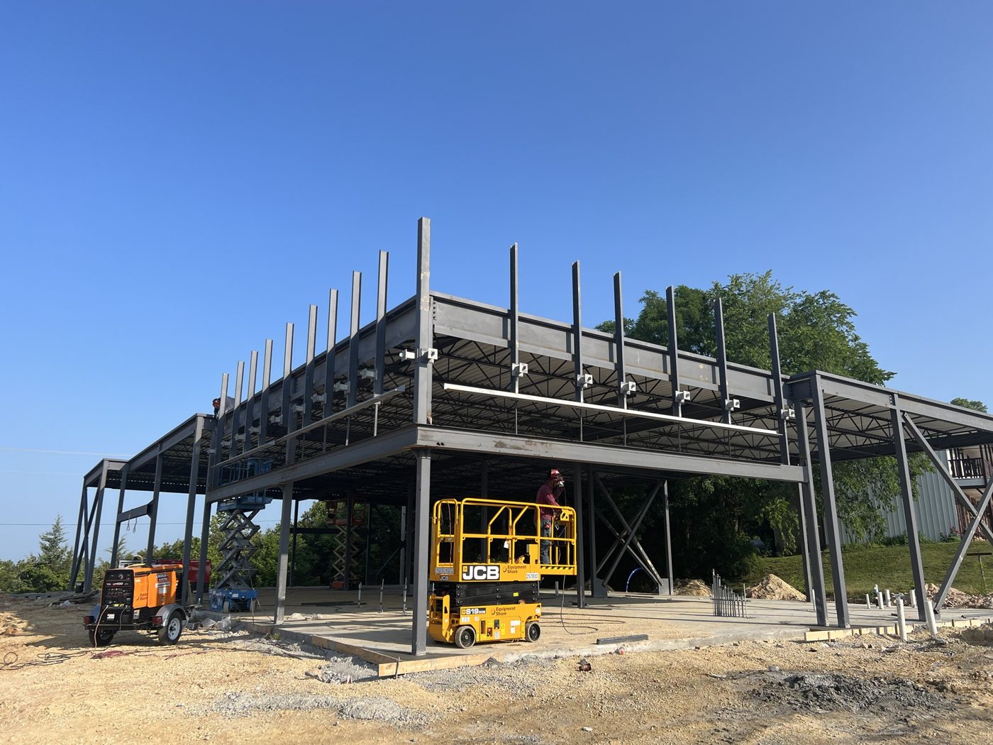 Steel frame erected on the new slab