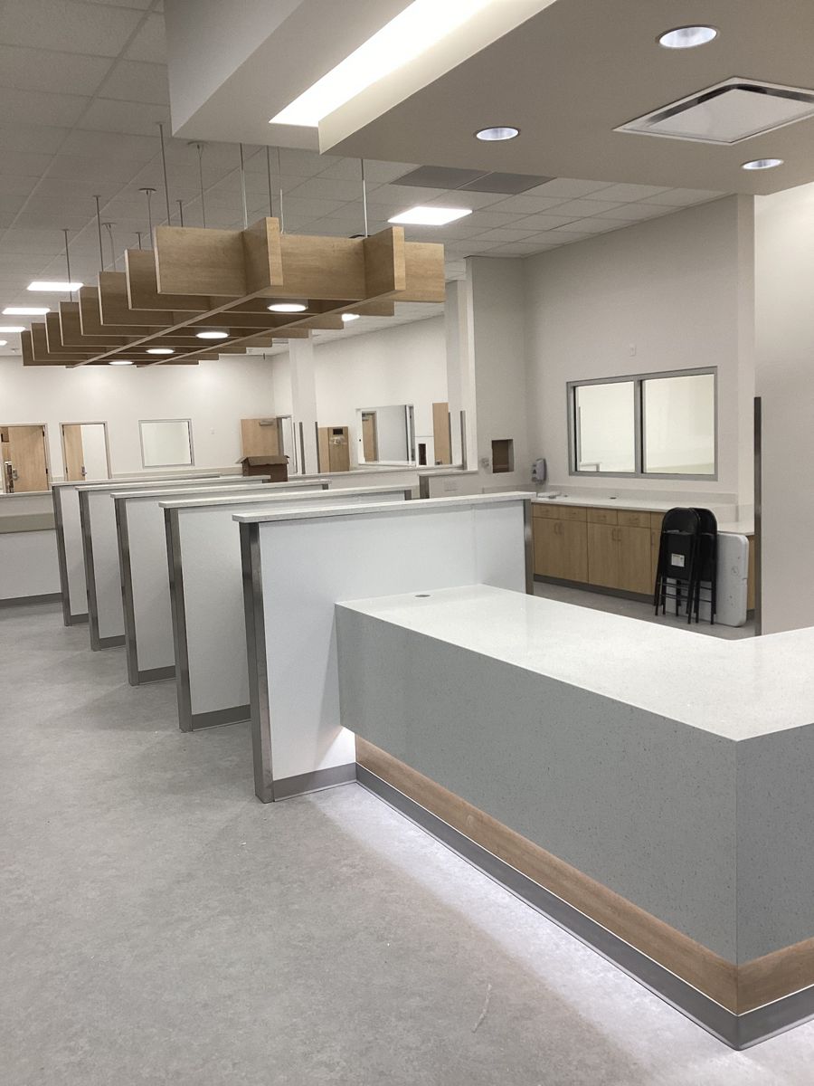 Reception desk casework with the wood baffle ceiling above