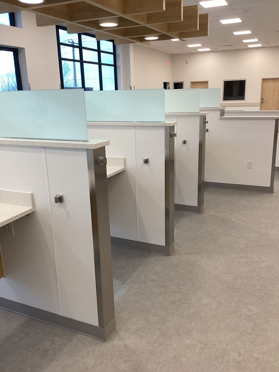 Donor stations with glass dividers and stainless trim